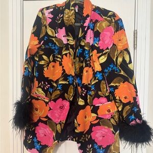 Floral Women's Jacket with Feather Cuffs